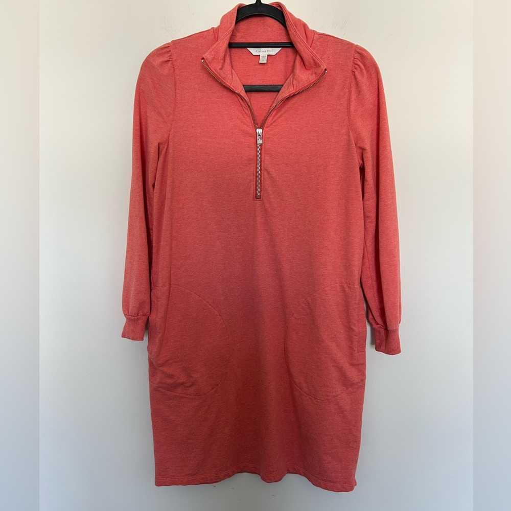 Garnet Hill Quarter-Zip French Terry Dress Peach Orange XS Long Sleeve Pockets